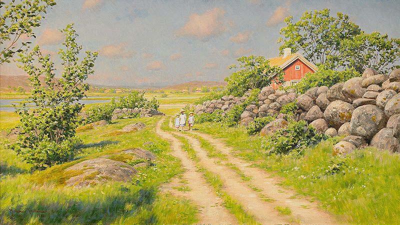 johan krouthen Sommarlandskap med vandrande barn Norge oil painting art